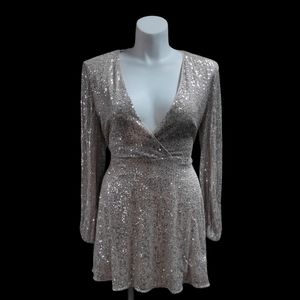 Knee Length Long Sleeve Gold Sequin Dress